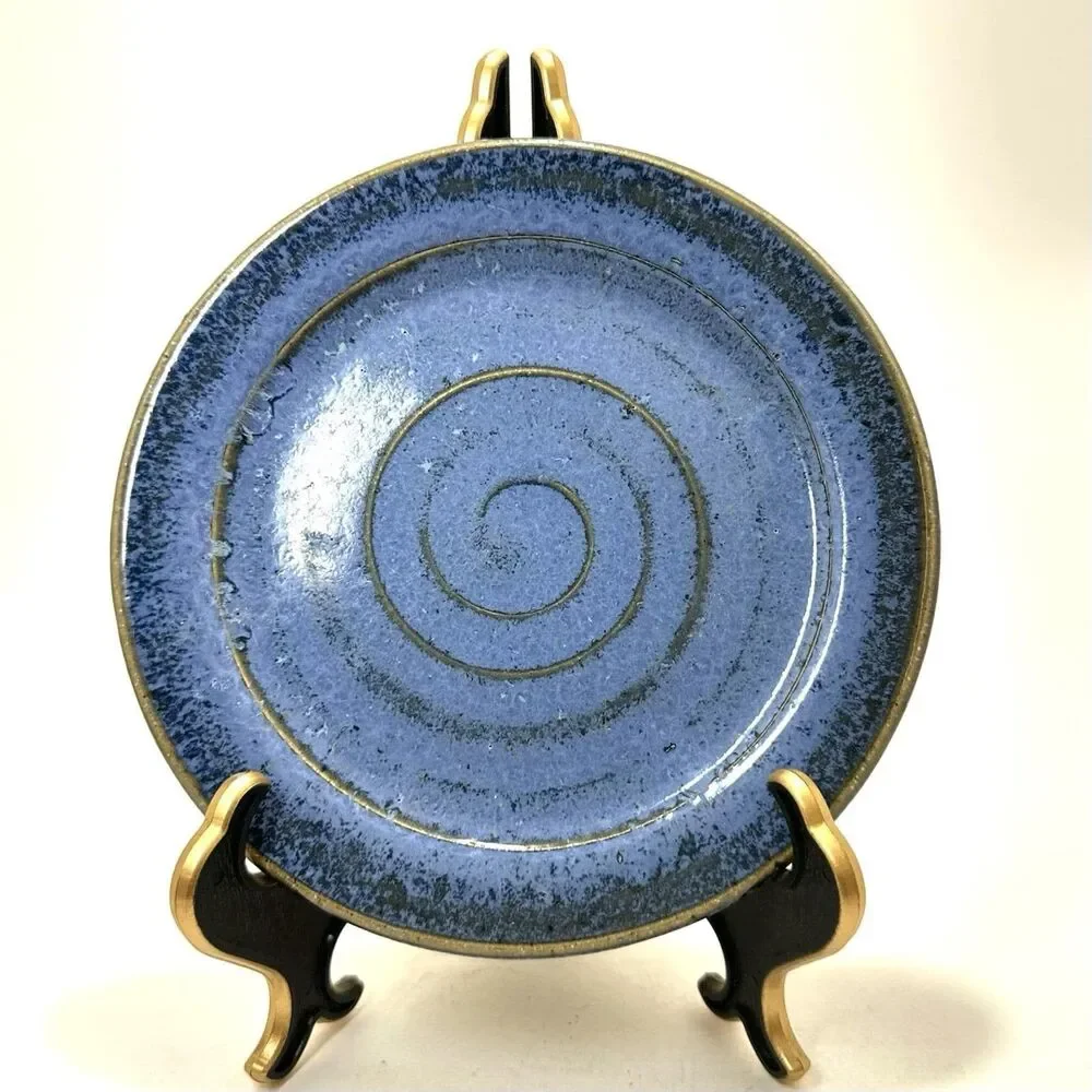 Vintage Blue Stoneware Plate – Signed Artisan Spiral Ceramic Dish